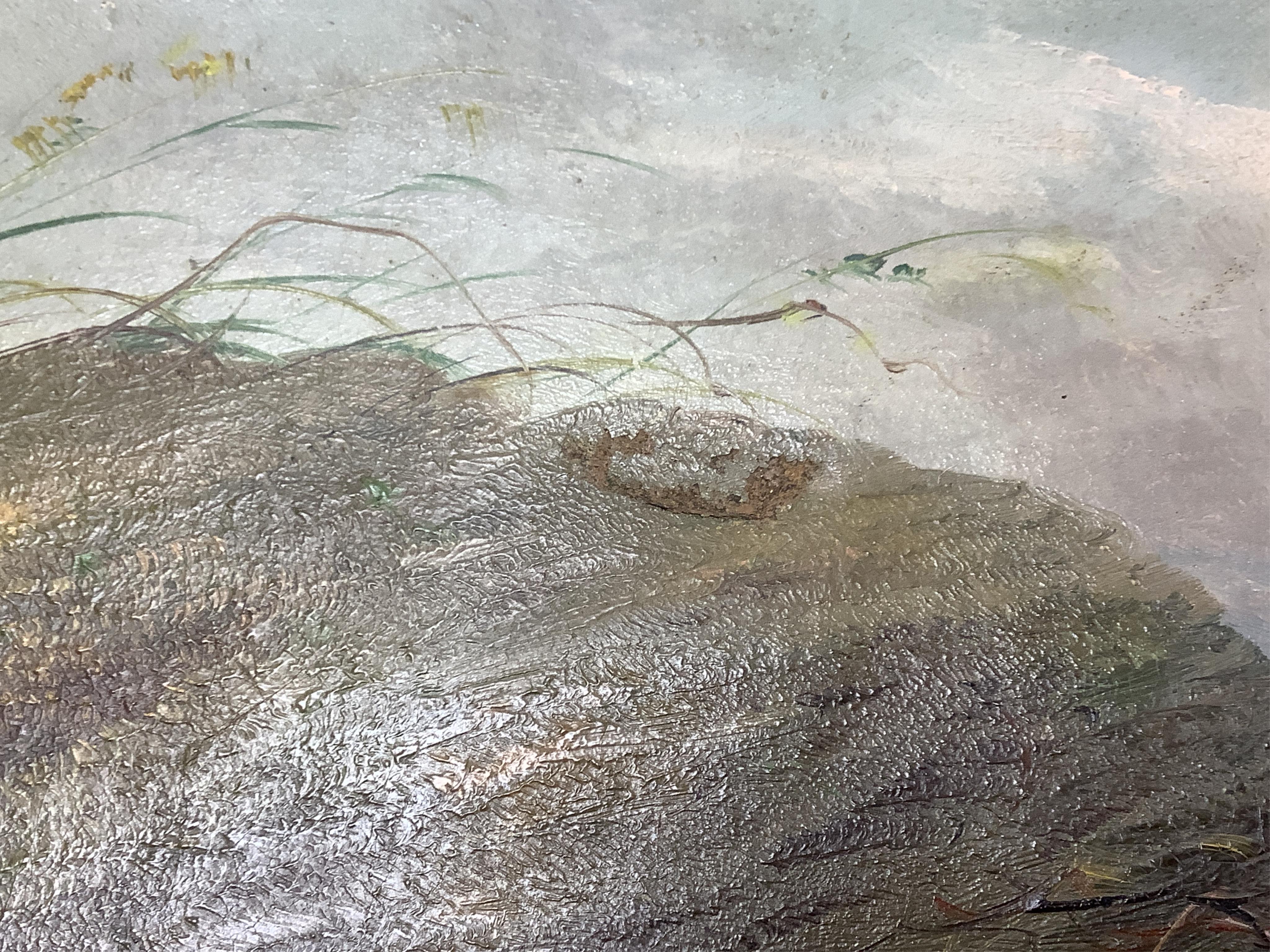 J. Langlois (1855-1904), Terriers rabbiting, signed, oil on canvas, gilt framed, 23 x 34cm